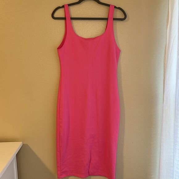 NWT Zara Pink Knit Jersey Midi Scoop Neck Dress Barbiecore XL - Picture 9 of 11